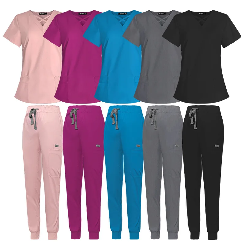 High quality beauty salon 94% polyester 6% spandex custom logo pet/dental hospital nurse doctor unisex scrubs uniform set