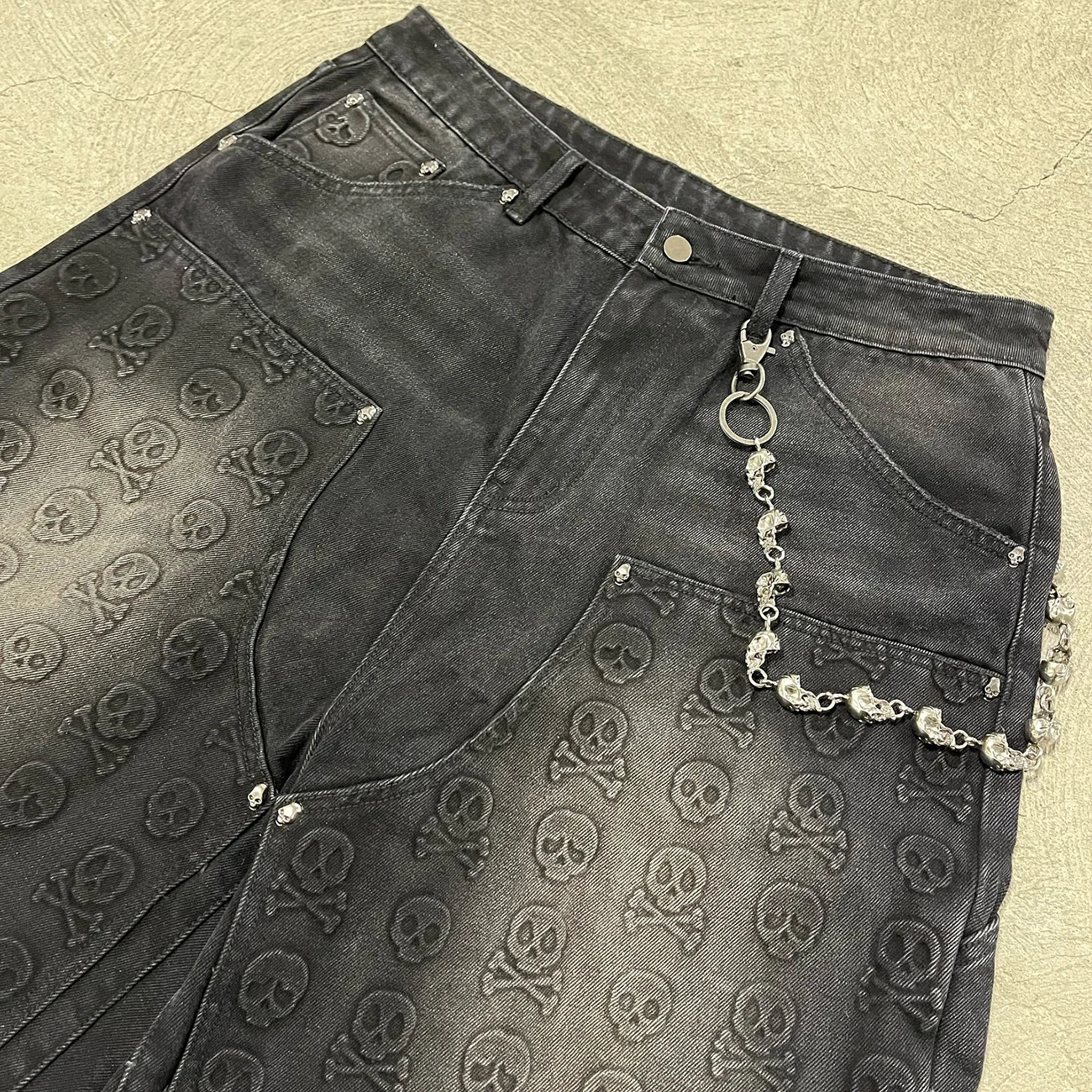 Custom acid wash vintage street wear distressed baggy embossed jorts cargo carpenter jeans denim shorts for men