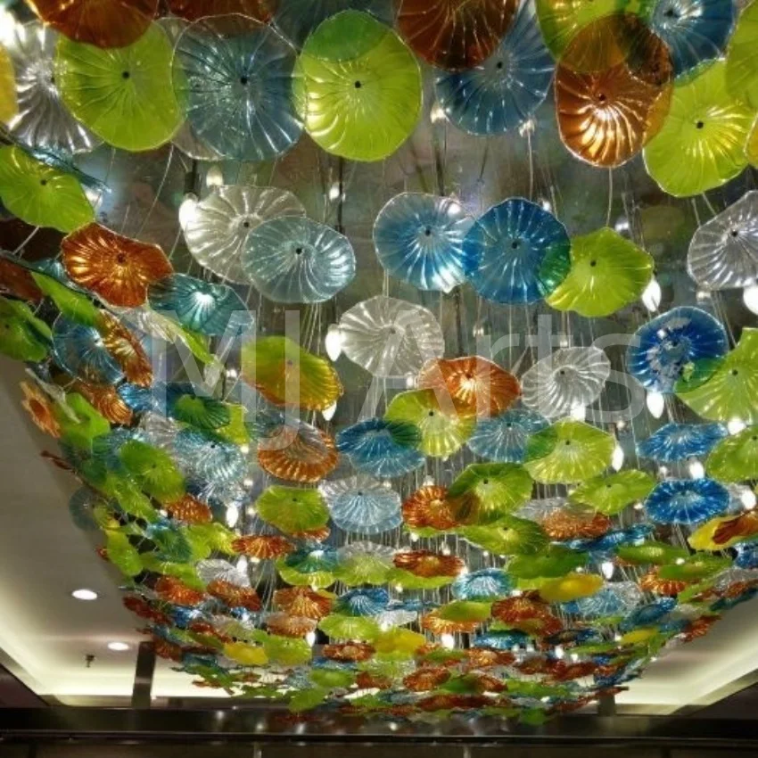Restaurant hotel ceiling decor Round blue colored glass art pendant ceiling decorative suspension art lamp lighting chandelier