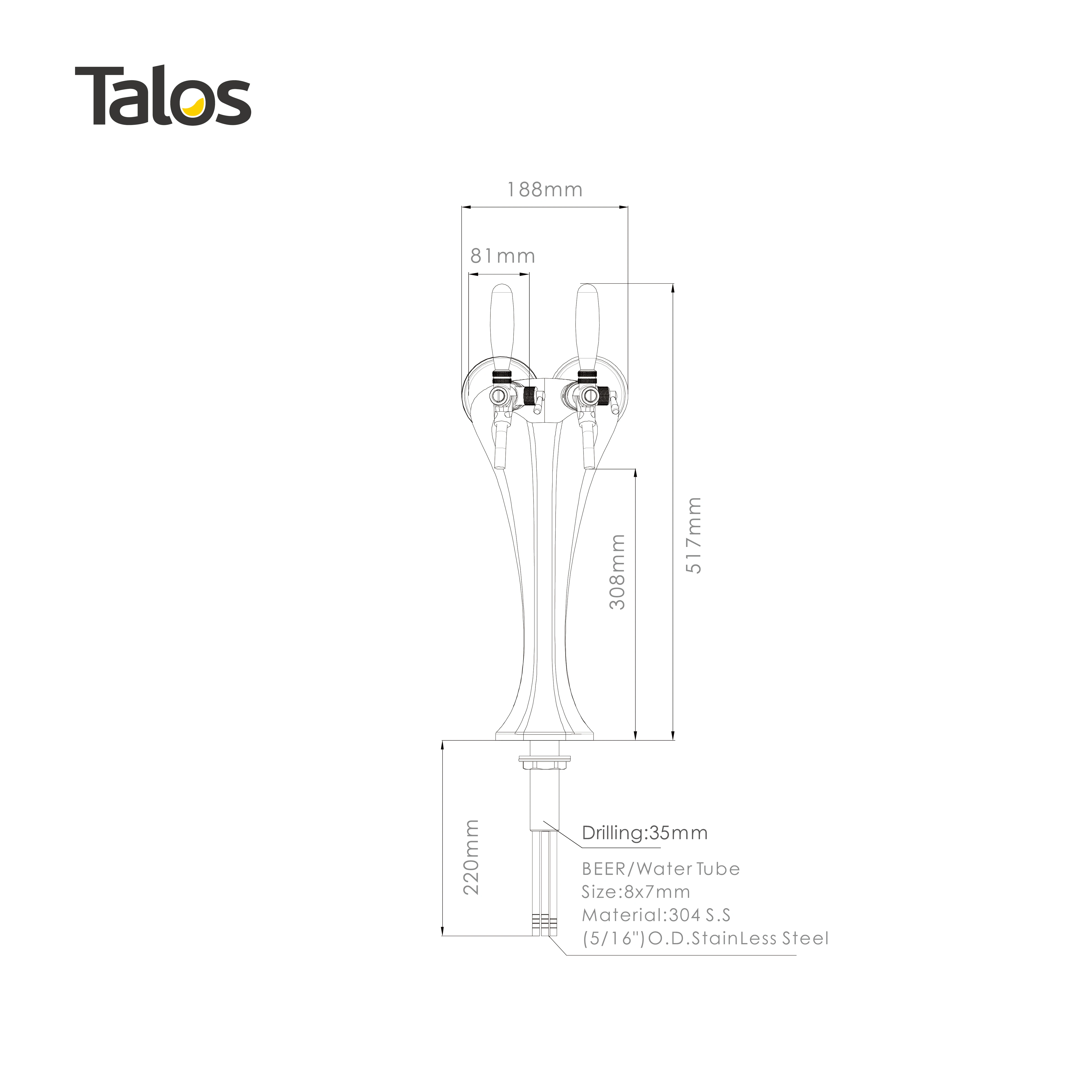 TALOS Cobra Tap Tower PVD 2-way Dispensing Tower Draft Beer Tower