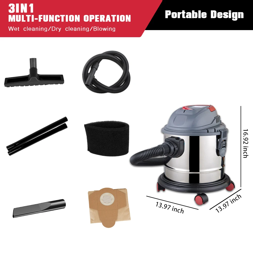 JIENUO Wet & Dry Industrial Vacuum Cleaner 15L Stainless Steel Tank Workshop VAC with Blower Garage & Workshop JN302-15L