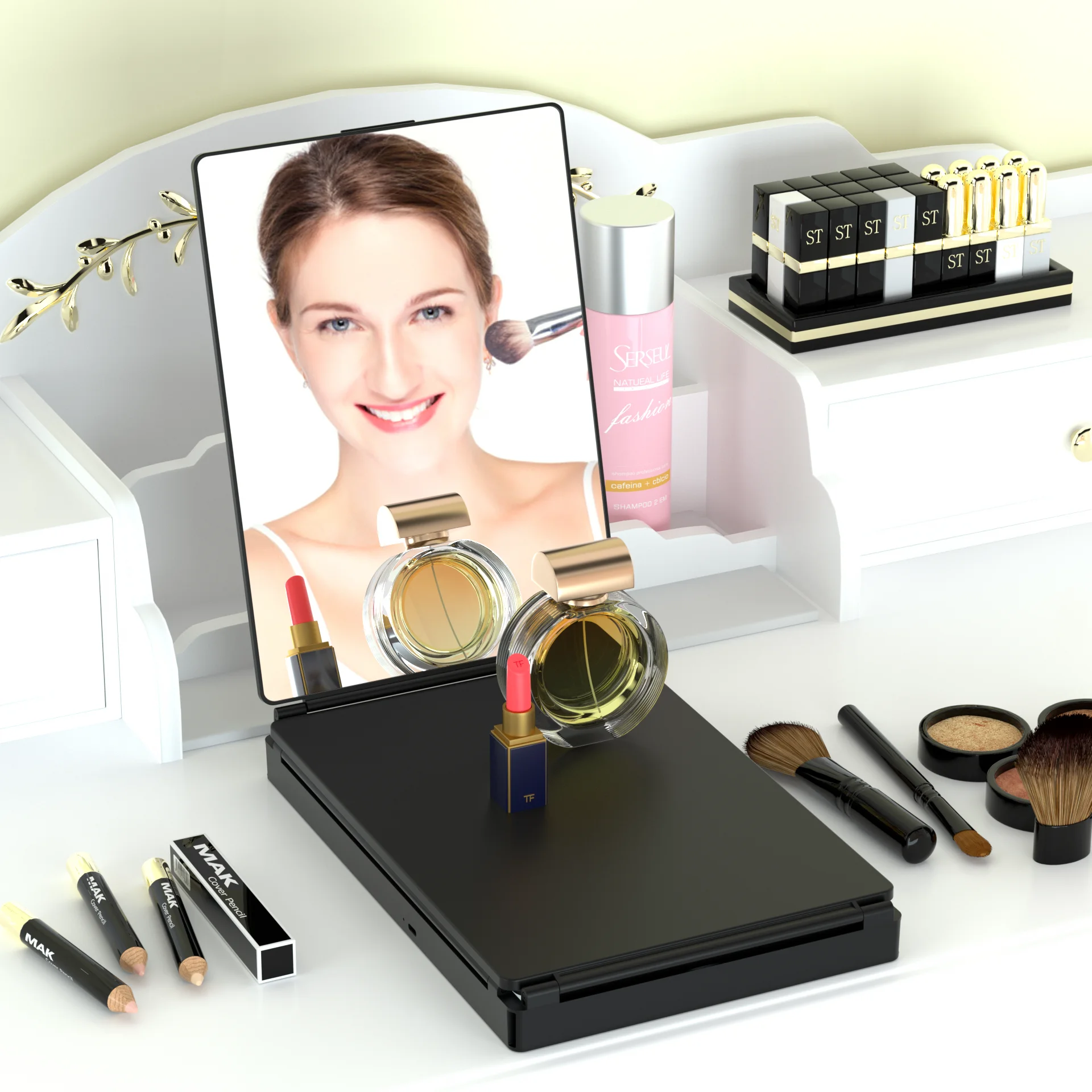 5 Way Mirror for Hair Cutting With LED Light Portable 360 Trifold Barber Self Cut Mirror with Height Adjustable Hooks