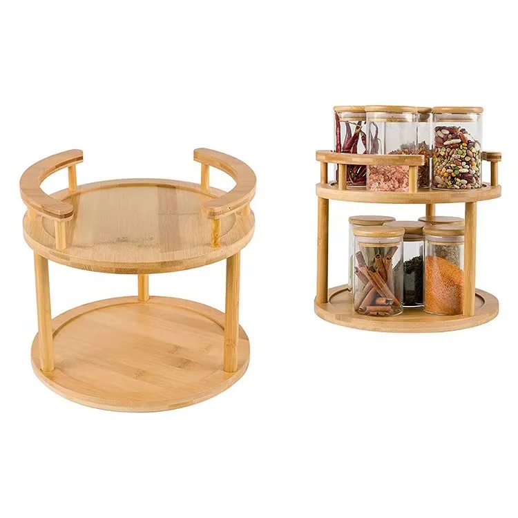 Bamboo Kitchen Shelf Home Wooden Spice Rack 2 Layer Rotating Tray Cabinet Spice Kitchen Storage Racks Removable