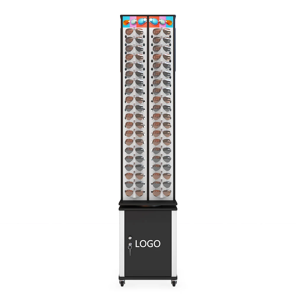 Latest brand shop lock key metal white mobile rotating sunglasses display stand store spin show case