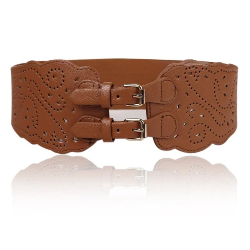 Fashion custom perforated fancy genuine leather wide woman belt with elastic waist belt