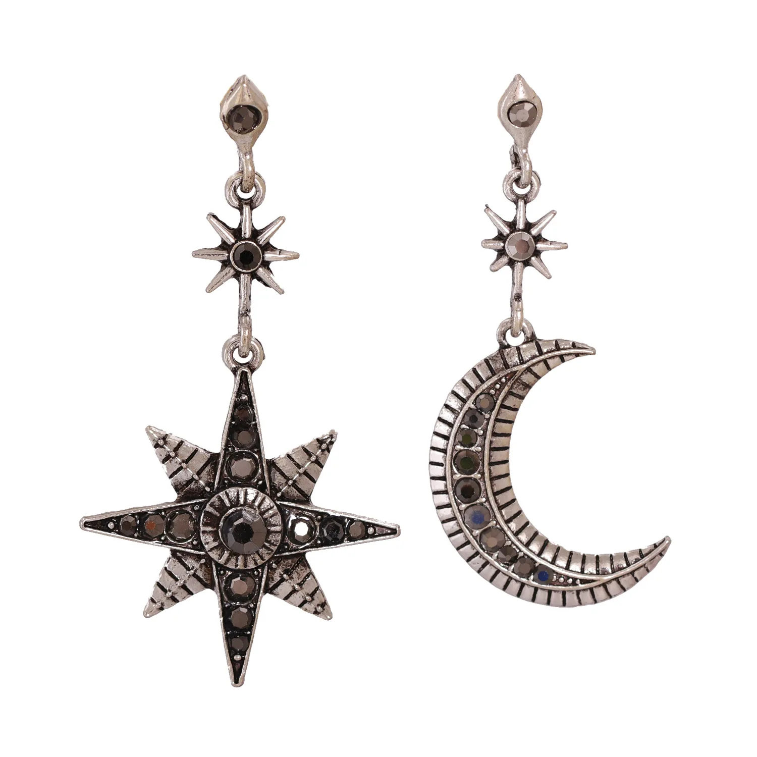 Женские асимметричные серьги-гвоздики винтажные золотистые/Серебристые серьги в античном стиле с Луной и звездой стразами модные