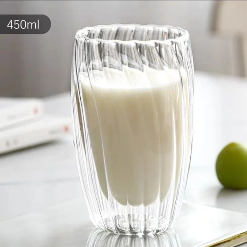 Striped Double-decker Glass Transparent Coffee Cup Milk Cup Tea Cup High Borosilicate Glass Home