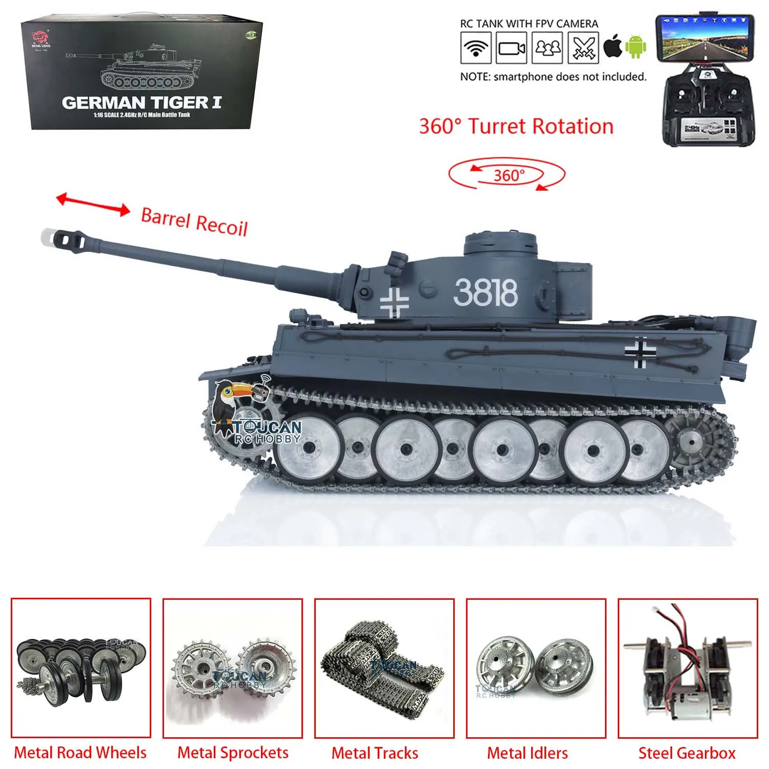 Pro Ver Heng Long TOUCAN 1/16 7.0 Tiger I RC Tank 3818 FPV Camera Barrel Recoil Metal Tracks Wheels Airsoft IR Engine Sound