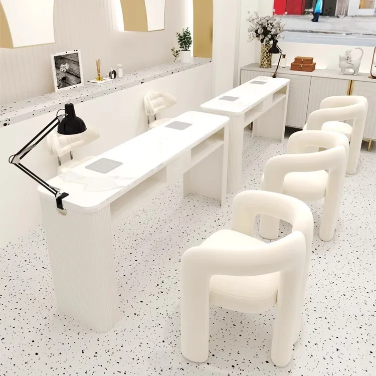 Foshan full white double seater wood manicure table modern luxury prosthetic nail tables with lamp and dust collector