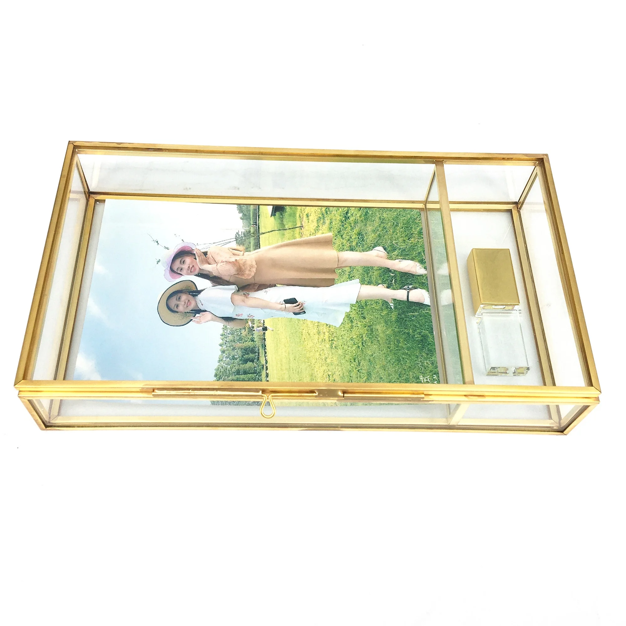 VIP photography retangular glass and gold shadow boxes holds 4*6  inch 5*7inch 6*8inch photos and cristal USB glass jewelry box
