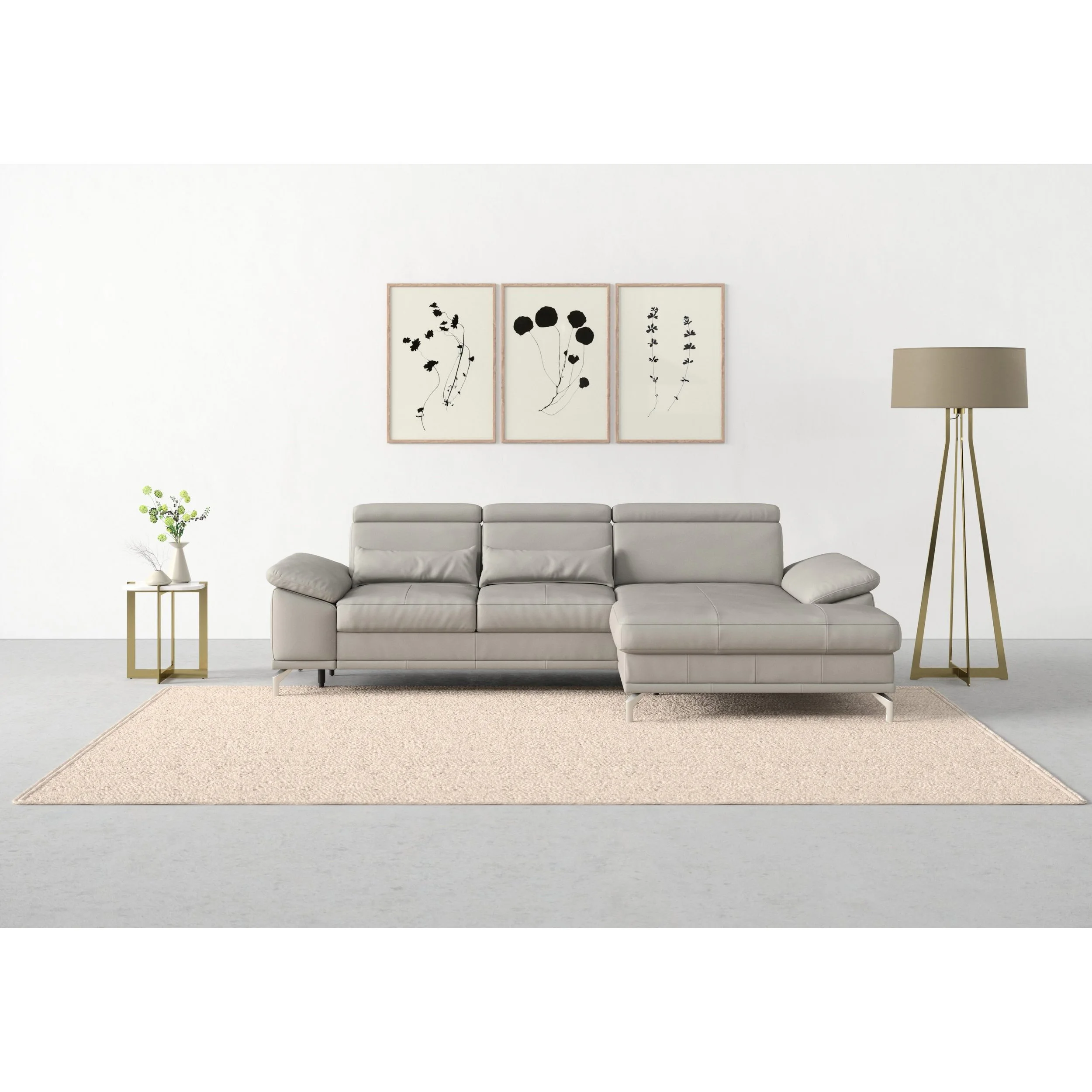 sit&more convertible corner sofa with seat depth and armrest adjustment and spring core, 2 kidney cushions