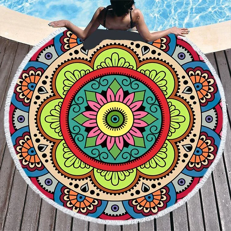 2022 Quick Dry Microfiber Round Sand Free Printed Beach Towel swimming  blanket  Custom With Tassels for adult