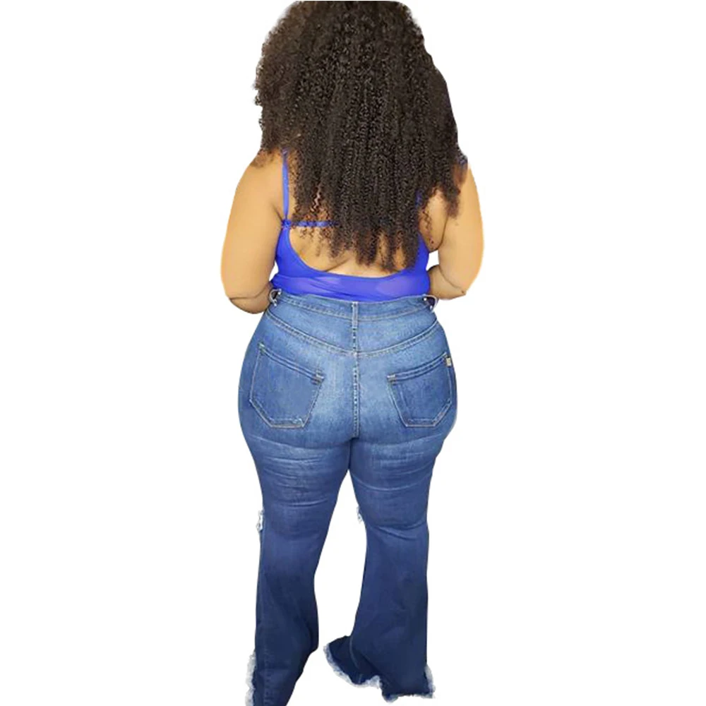 
Fashion plus size High waist stretch butt lifting distressed knee hole denim baggy wide leg flare jeans pants 