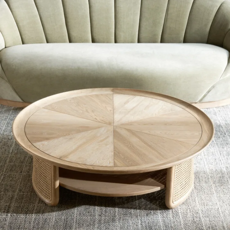 Newest Design Japanese Living Room Round Coffee Table With Storage Solid Wood Frame Rattan Tea Table