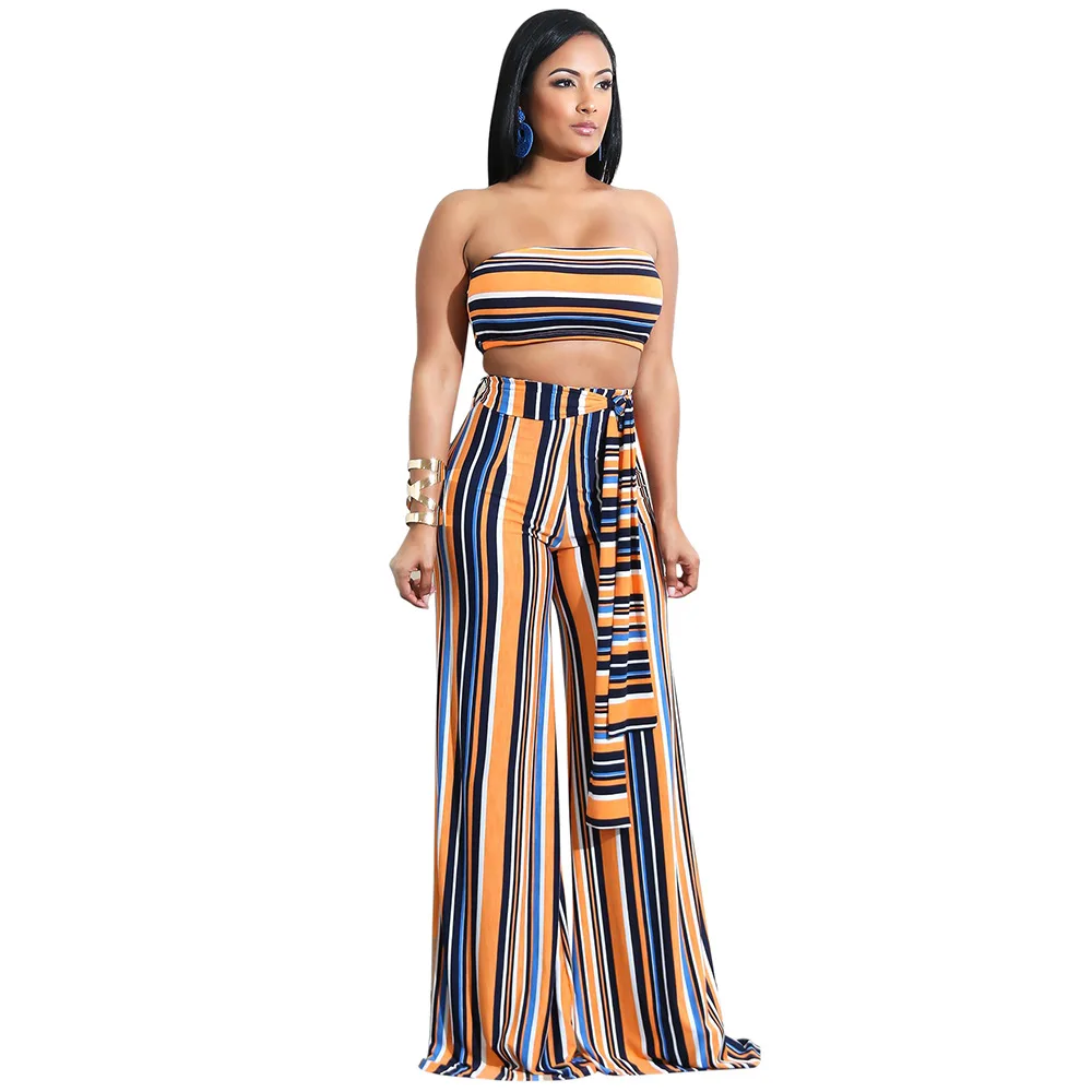 Summer Rainbow Stripe Two Piece Set Women Clothing casual dress