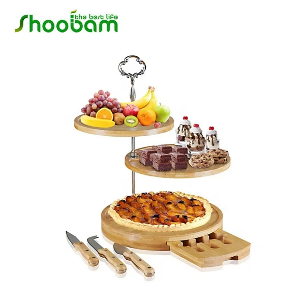 Bamboo 3 Tiered Stand Cheese Board Knife Set for Weddings and Parties