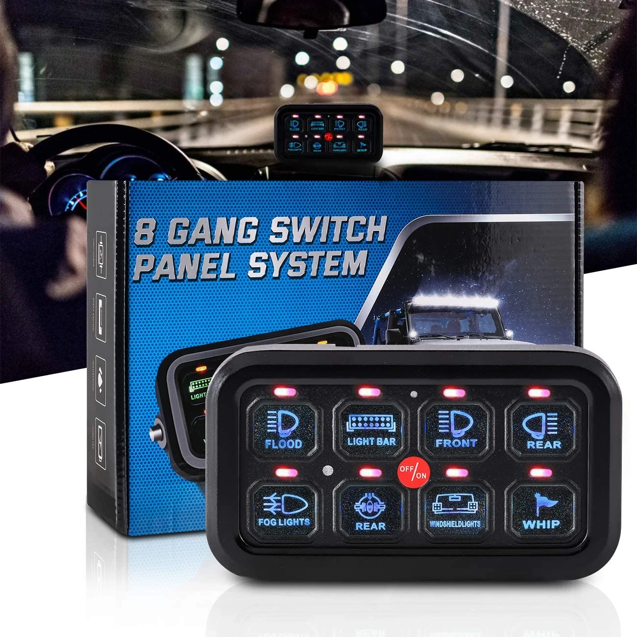 12V 24V Marine Boat Automotive Custom 8 Gang Switch Panel Blue LED Backlight Touch Control Panel Dimmable ON-Off LED Switch Pod