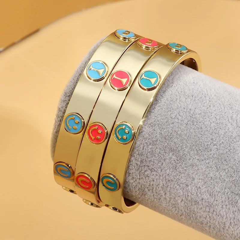 Rainbow Gold Plated Friendship Bracelet Colorful Emojis Bangle Enamel Smile Face Cuff Bangle Bracelet For Women