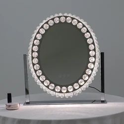 2022 NEW Arrival Oval Vintage Desktop LED lighted crystal makeup vanity mirror crushed diamond mirror
