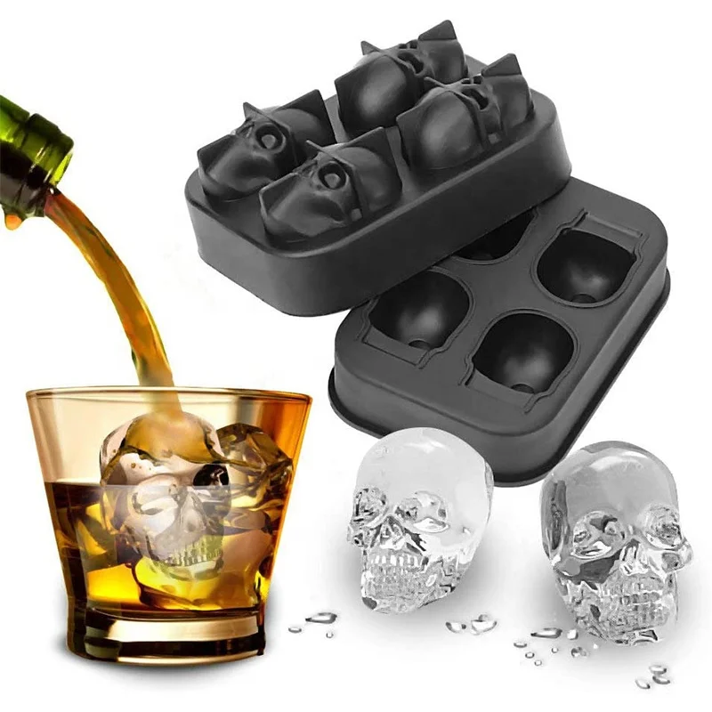 Bpa Free 4 Cavity Silicone Reusable Ice Cream Tray Skulls Ice Maker Mold Freezer Ice Cube Tray With Lid