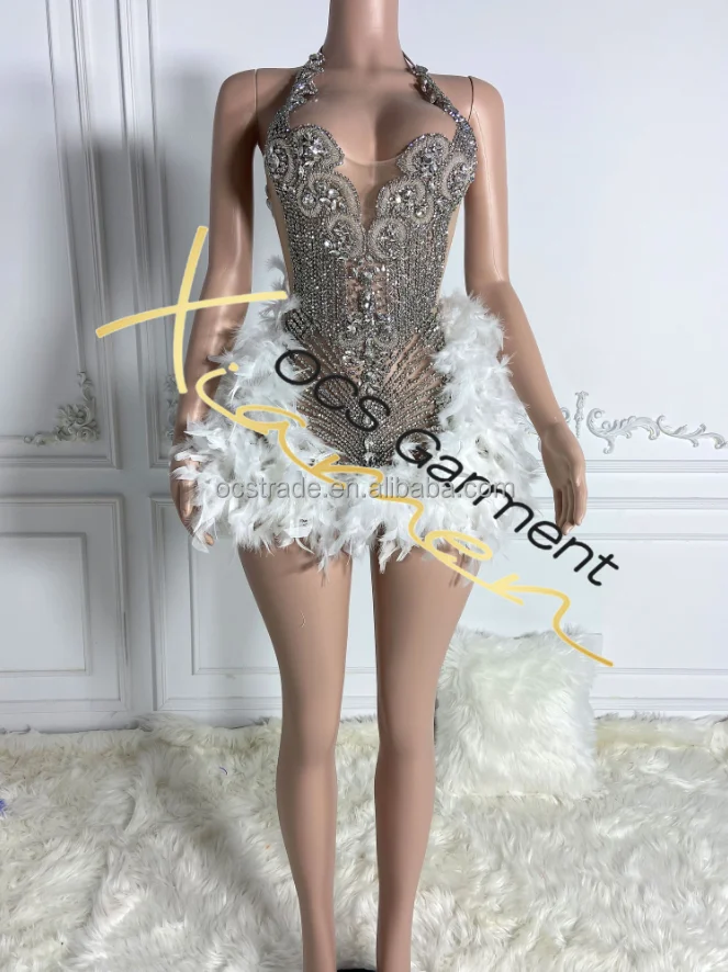 Ocstrade White Ostrich Feather Diamond Dress Elegant Women Birthday Party Dresses Women Sexy Silver Rhinestones Club Dress