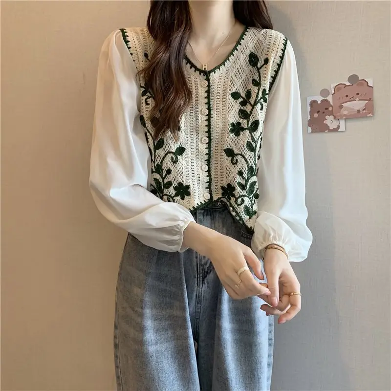 Wholesale New Chiffon Bubble Long Sleeve Stitching Hollow Knit Shirt Design Sense Niche Crochet Autumn Chic French Top Woman