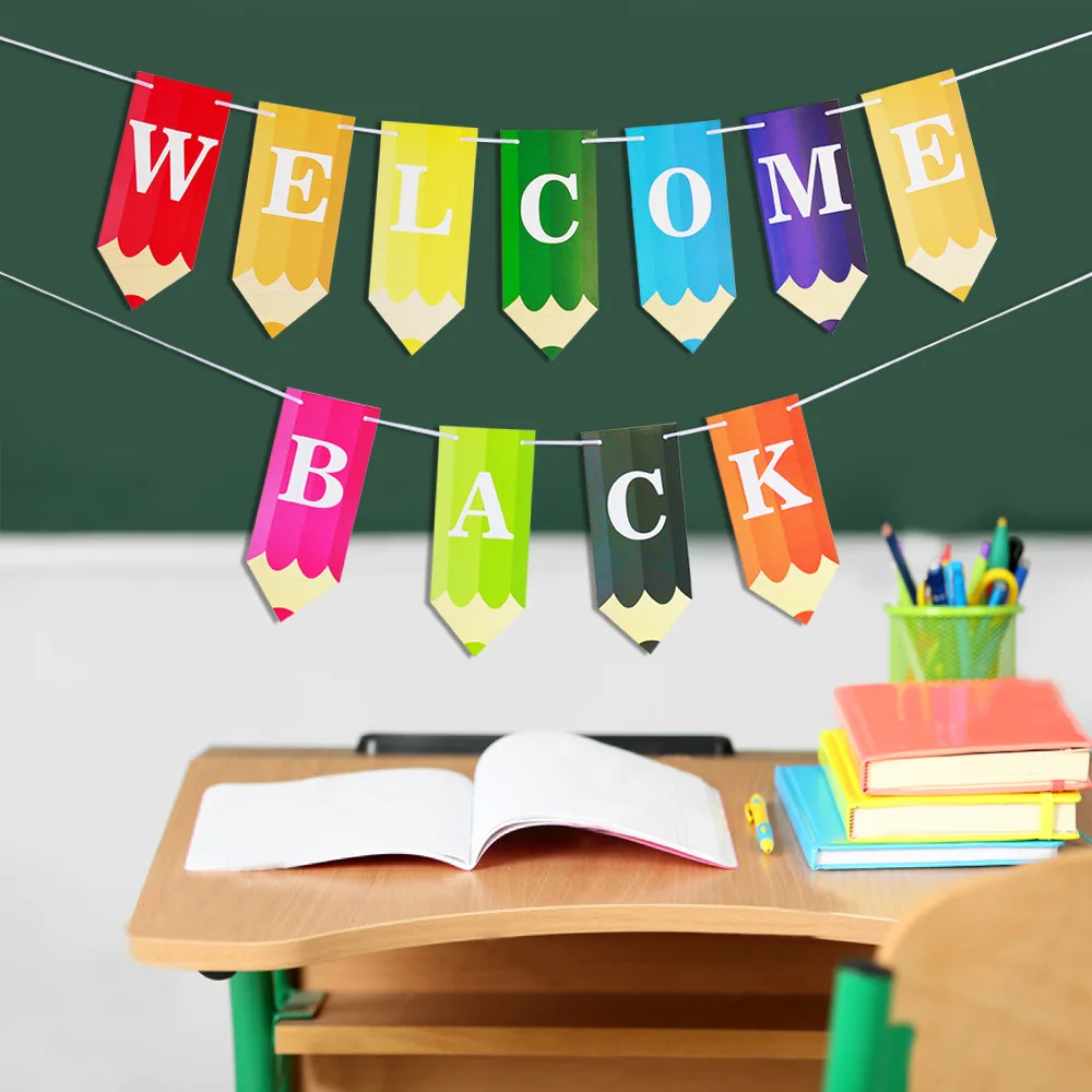 Opening season flag pull welcome back pencil letters banner classroom decoration pull flower return to school party decoration