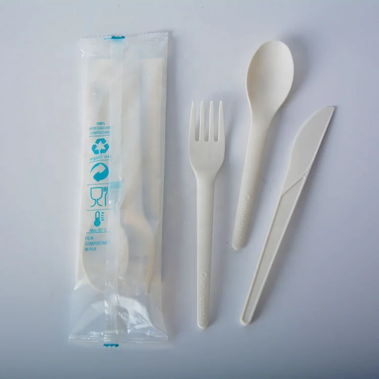 CPLA Polylactic Acid cutlery set with PLA wrap knife fork spoon napkin all in one 100% compostable biodegradable