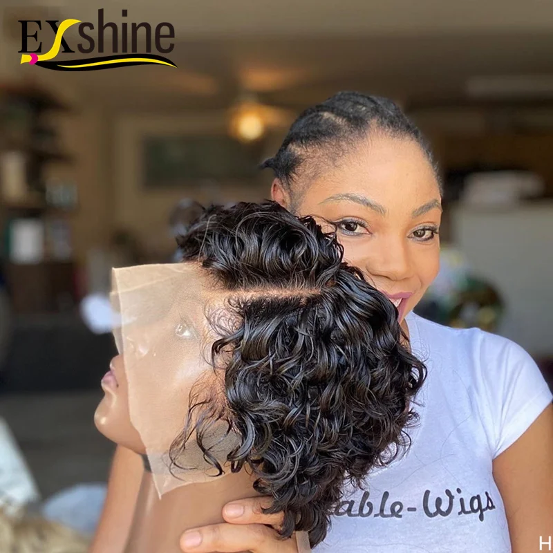 
Wholesale Hair Vendors Virgin Cut Short Bob Lace Frontal Pixie Curls Wig, Deep Water Wave Pre Plucked Lace Front Human Hair Wigs 