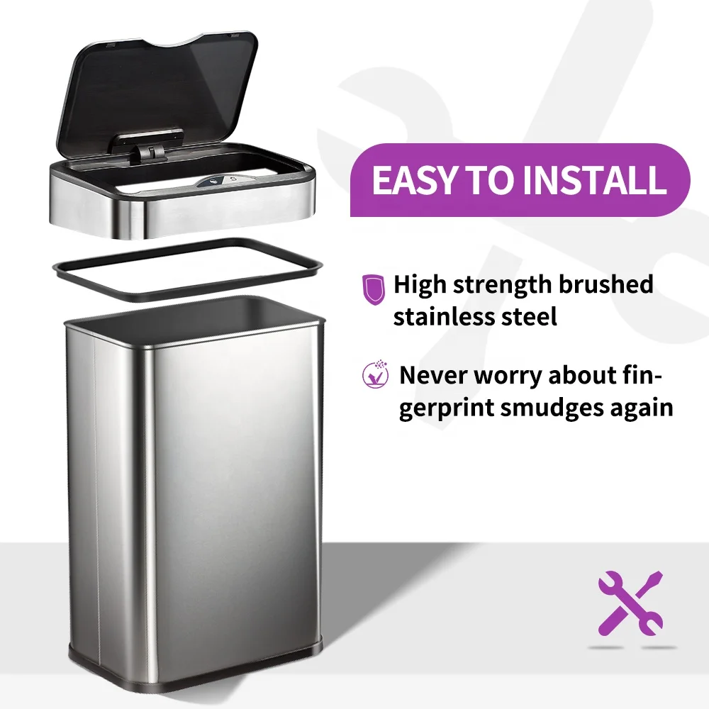 50L 13 Gallon Rectangular Vibration Sensor Waste Bin Stainless Steel Smart Garbage Can With Soft Lid