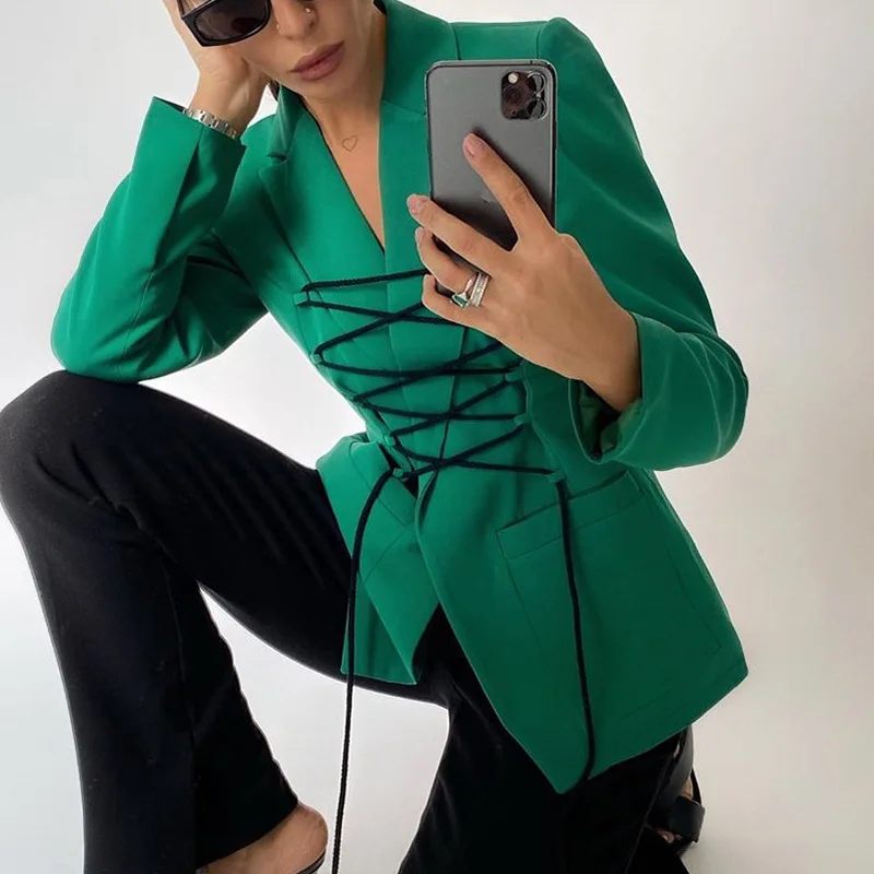 Sexy Office Lady Blazer Casual Coat With Pocket Turn down Collar Bandage Suits Jackets Coat Street wear Ladies