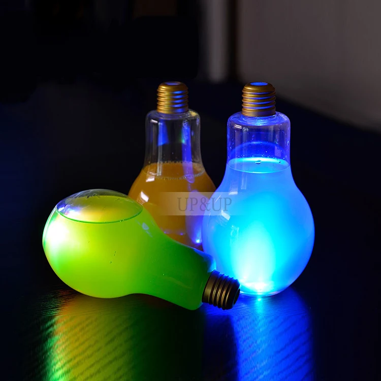 300ml 10oz Juice Coffee Beverage Disposable Light Bulb Shape PET Plastic Bottle With Led Lamp For Decorated