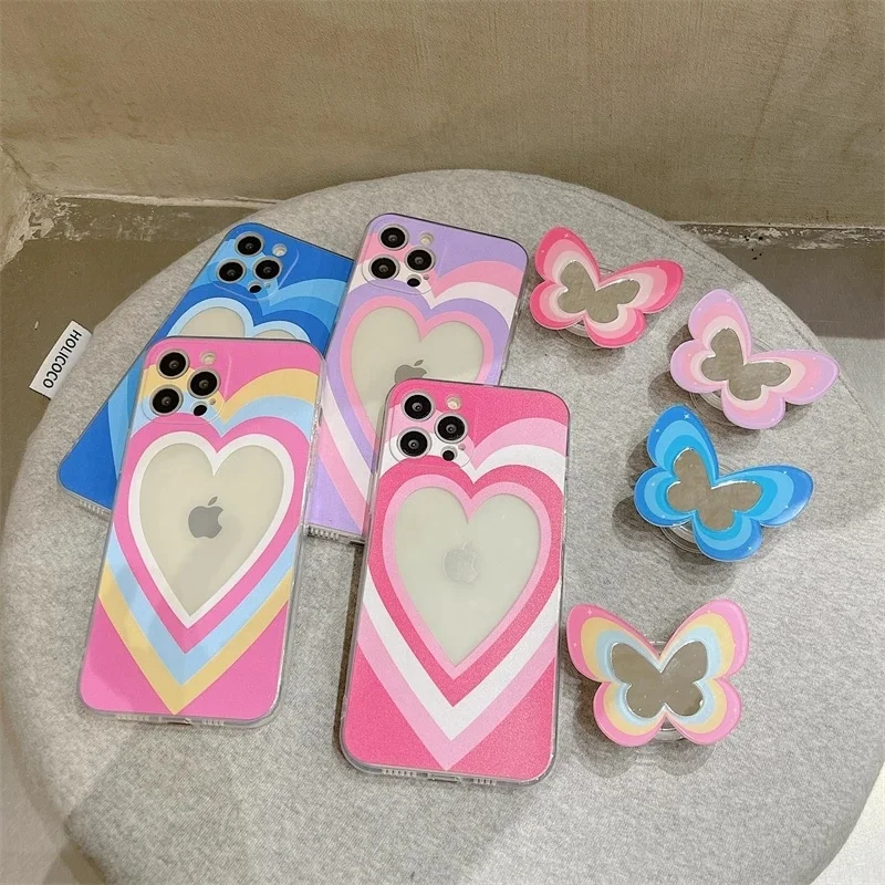 Pink Love Heart Holder Stand soft clear phone case for iPhone 13 11 12 Pro Max XR X XS Max 7 8 Plus Mirror Cute Butterfly Cover
