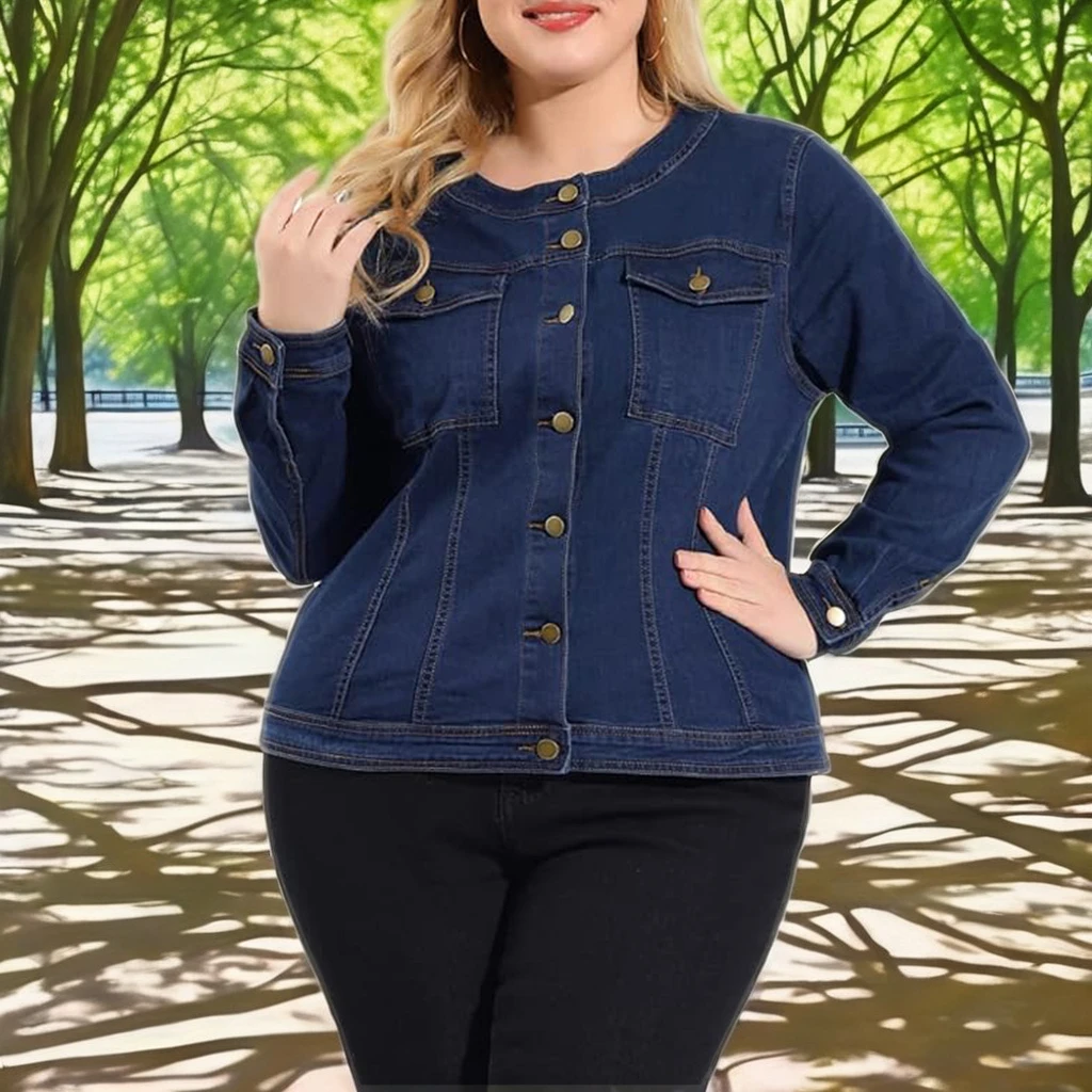 Женская винтажная Повседневная джинсовая куртка большого размера с длинными рукавами и пуговицами круглым вырезом оптимальная для осеннего сезона