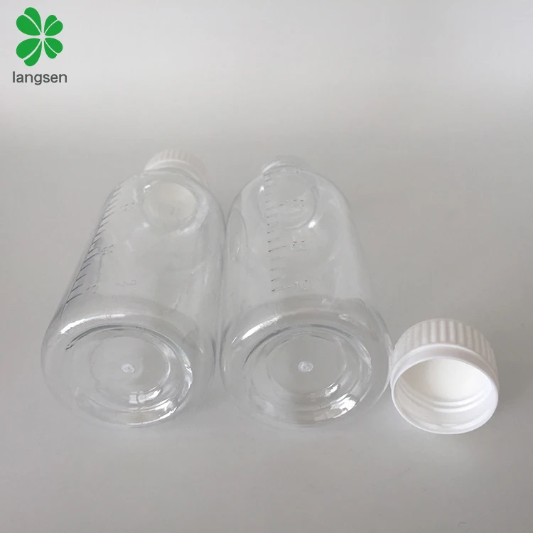 Wholesale 150ml 5oz PET graduated bottle container, transparent clear scale mark bottle for medical chemical liquid syrup
