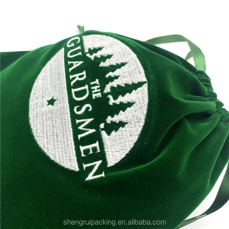 Custom Green Velvet Embroidery Bag for Cosmetics Ribbon Drawstring Velvet Dust Handbag Bags