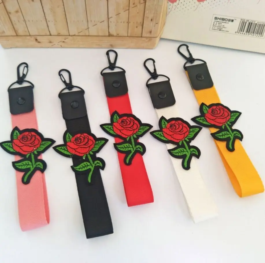 Korean Rose Flower Floral Woven Ribbon Embroidery Mobile Phone Rope Keychain Pendant,DIY Mobile Phone Strap Accessories Lanyards