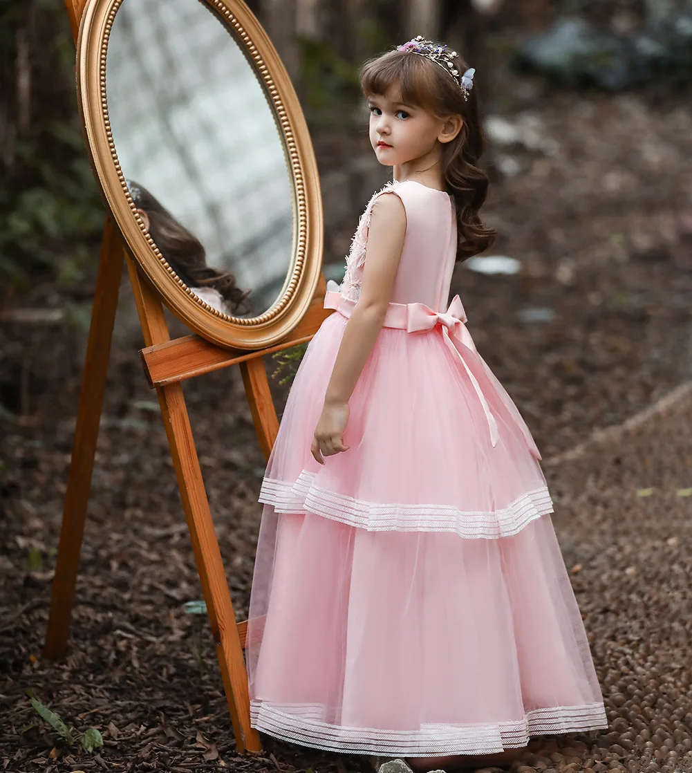 Elegant Style White Wedding Gown Exquisite Pink  Flower Girl  Dress  Kid Party Dresses for Party Birthday Girl Dresses for 12yrs