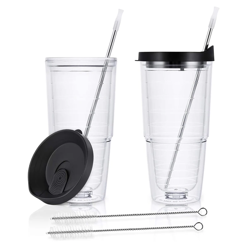 Прозрачные изолированные тумбы 24 унции, пластиковые стаканы с двойной стенкой и черной крышкой, большая емкость для горячих и холодных напитков