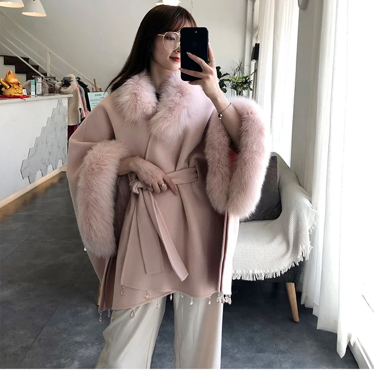 Vintage Cape Poncho Coat Fox Fur Cloak Womens Jacke Bat Sleeve Thick Cardigan Fur Trim Shawl  Wool Cashmere  Outwear Fur Jacket