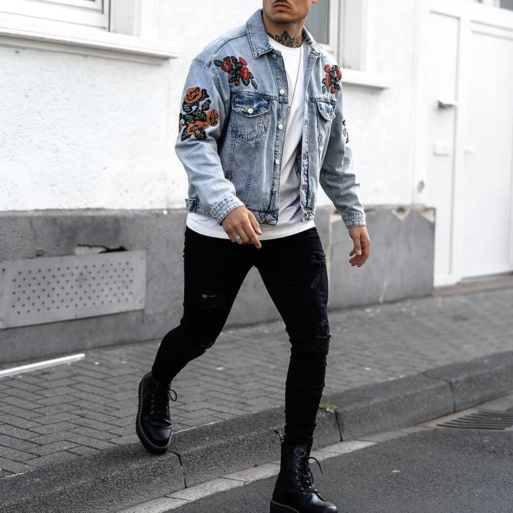 Custom logo print rose embroidery casual streetwear riding Coats denim jeans mens jackets denim jacket