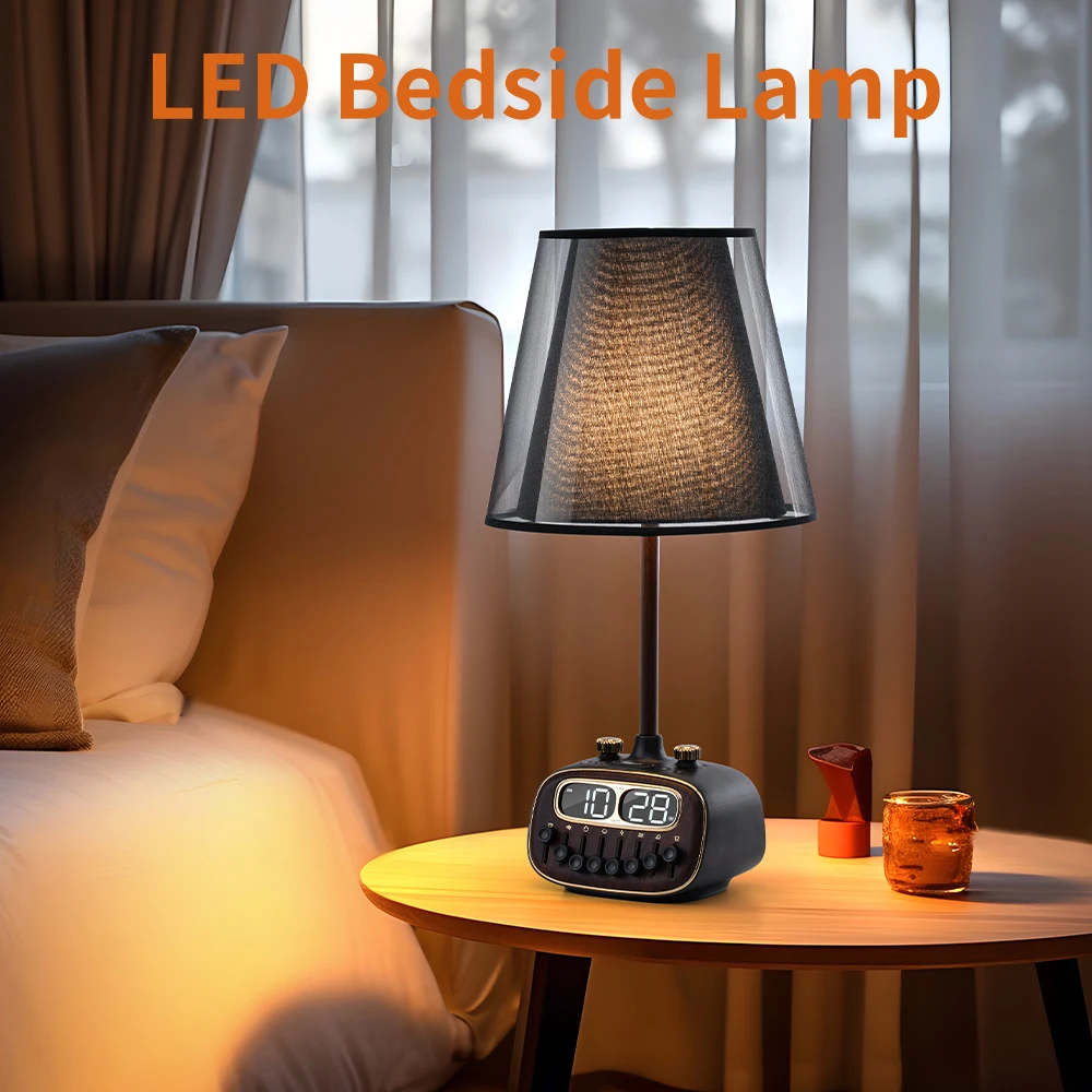Multifunction dual alarm clock timing bedside lamp hotel retro white noise bluetooth linen fabric lamp shade USB led desk lamp