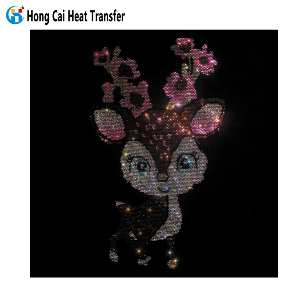 Hongcai designer custom deer bear rhinestone hot fix print transfer rhinestone heat transfer for clothing