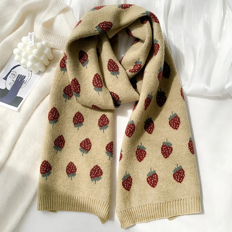 OEM customized man and women winter thickened wool warm knitted scarf jacquard Strawberry knitwear scarf (1600802202240)