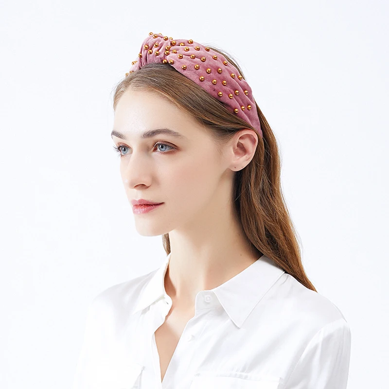 Европейская и американская мода, обруч с жемчугом, Женская однотонная тканевая широкая повязка на голову с узлом сбоку