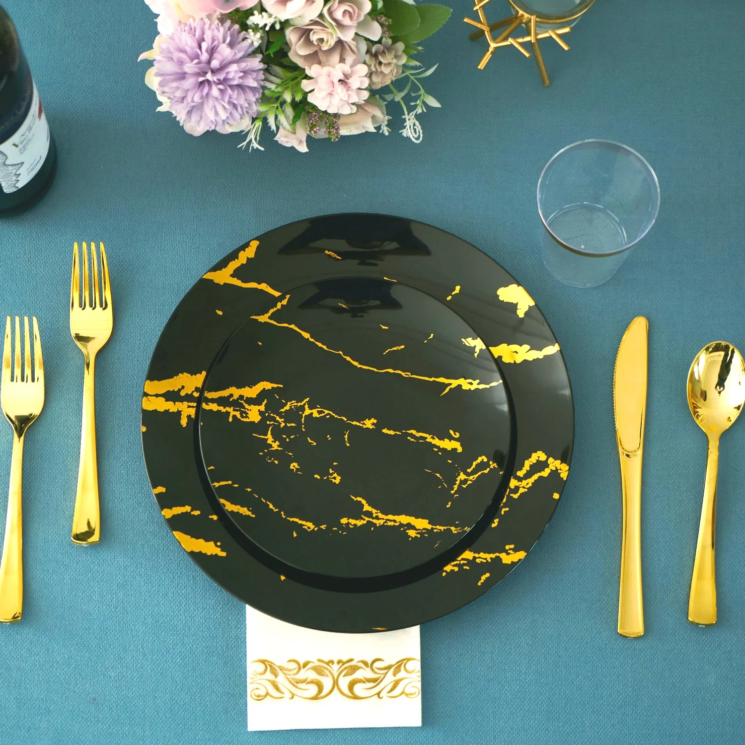 Modern marble pattern luxury wedding party plastic gold plate flatware cutlery dinnerware