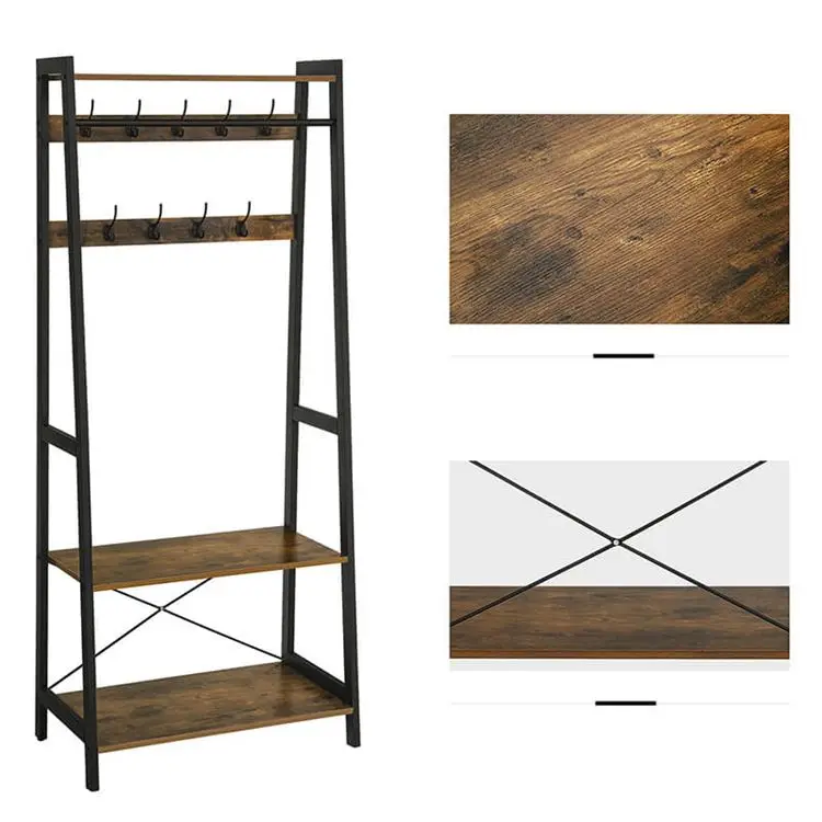 VASAGLE heavy duty free standing antique rustic vintage metal wooden entryway shoe coat rack