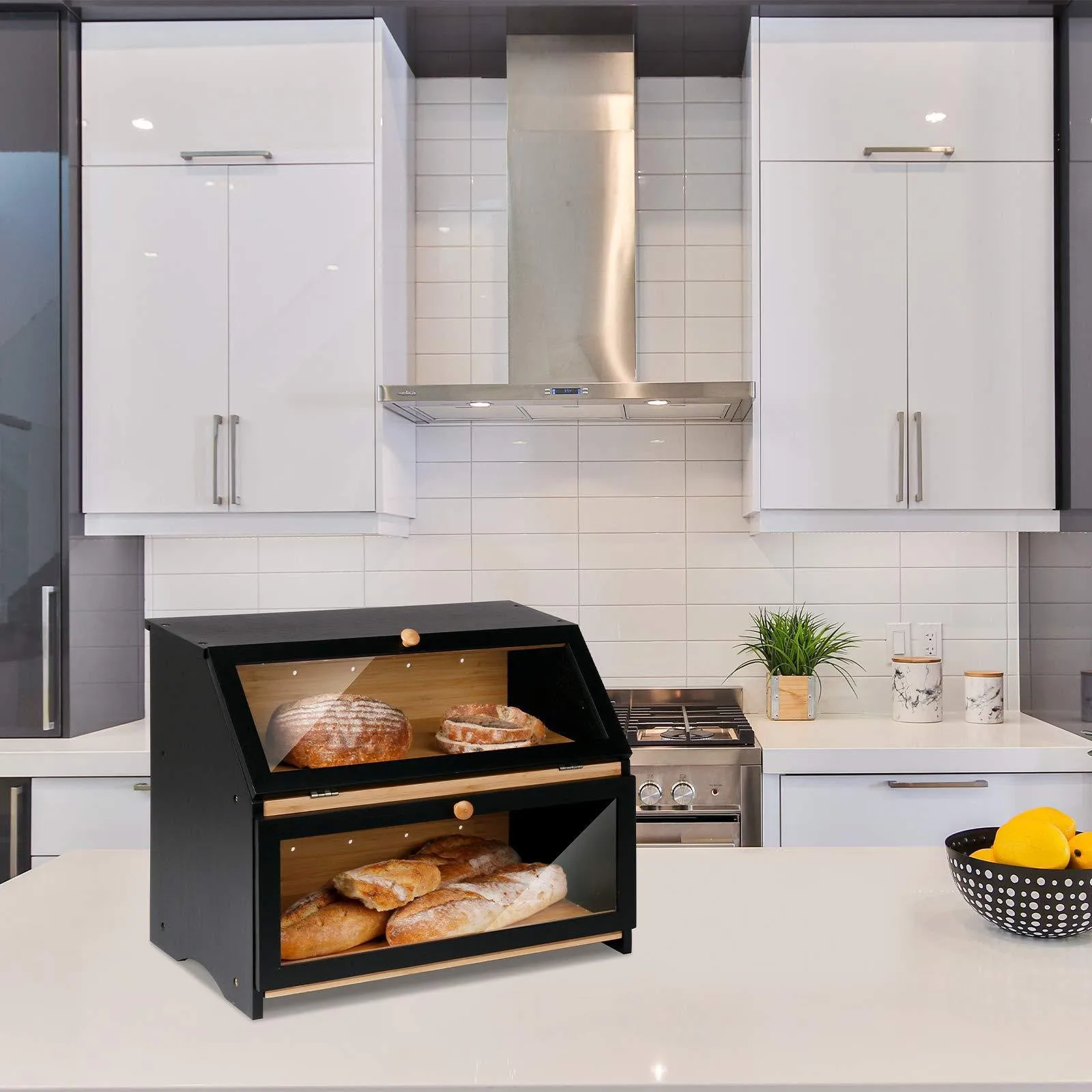 Large Capacity Double Layer Kitchen Storage Boxes Bins Large Bamboo Bread Storage Bin Bread Box for Food