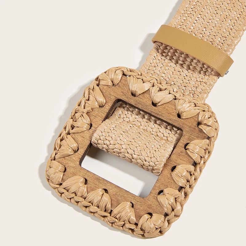 Wholesale Bohemian raffia Square Wood Buckle Rattan Braided Stretch Waistband women Khaki PP Straw Elastic Waist Female Belts