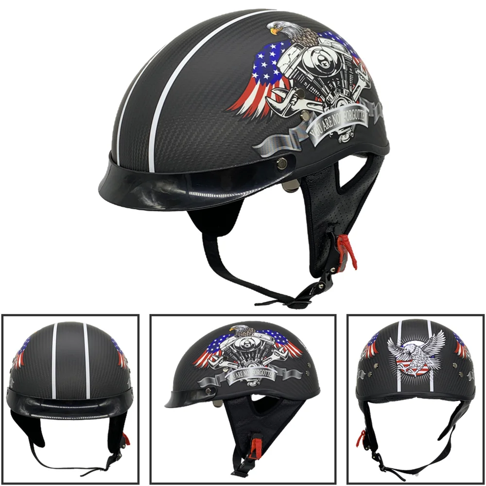 DOT Certificated Carbon Fiber Scooter Motorcycle Half Face Helmet Skull Vintage Half Motobike Helmet with Inner Visor and Scarf